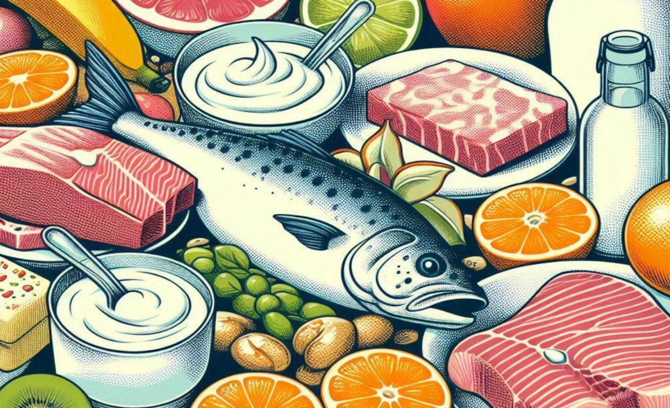 Healthy balanced meal with fruits, vegetables, lean proteins, and supplements illustrating cold sore management