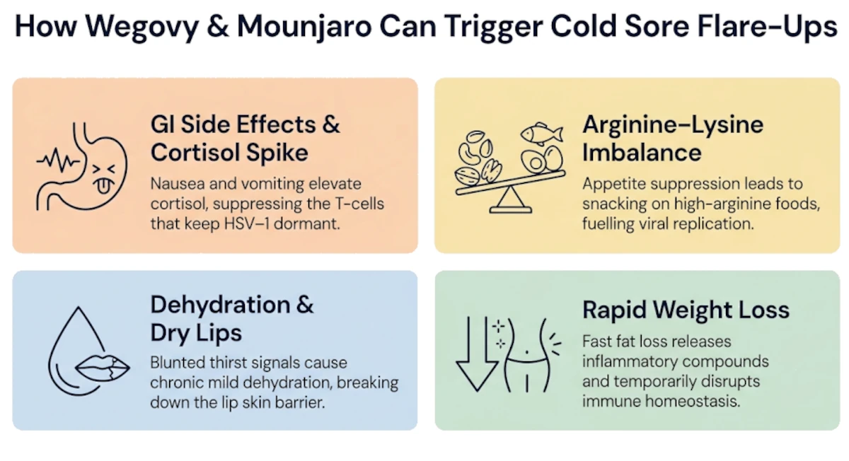 Diagram showing how GLP-1 medications like Wegovy and Mounjaro can indirectly trigger HSV-1 reactivation