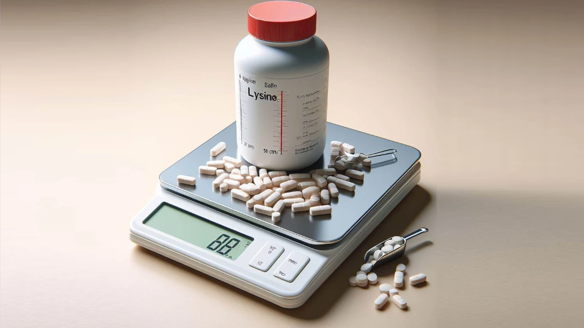 Lysine supplement pills on a weight scale