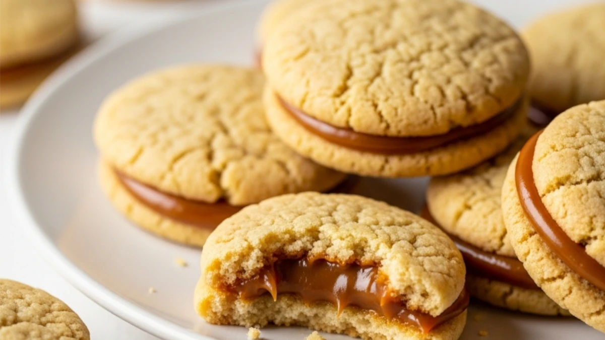 Ingredients for Dulce de Leche Cookies including milk, dulce de leche, flour, and sugar.