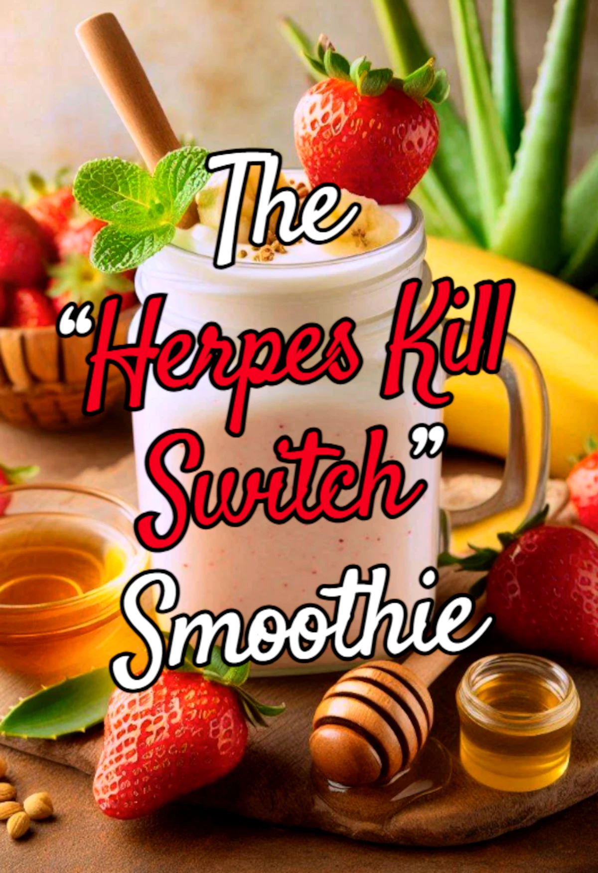 Recipe for a high-lysine, low-arginine smoothie with antiviral ingredients such as Greek yogurt, strawberries, and aloe vera juice.