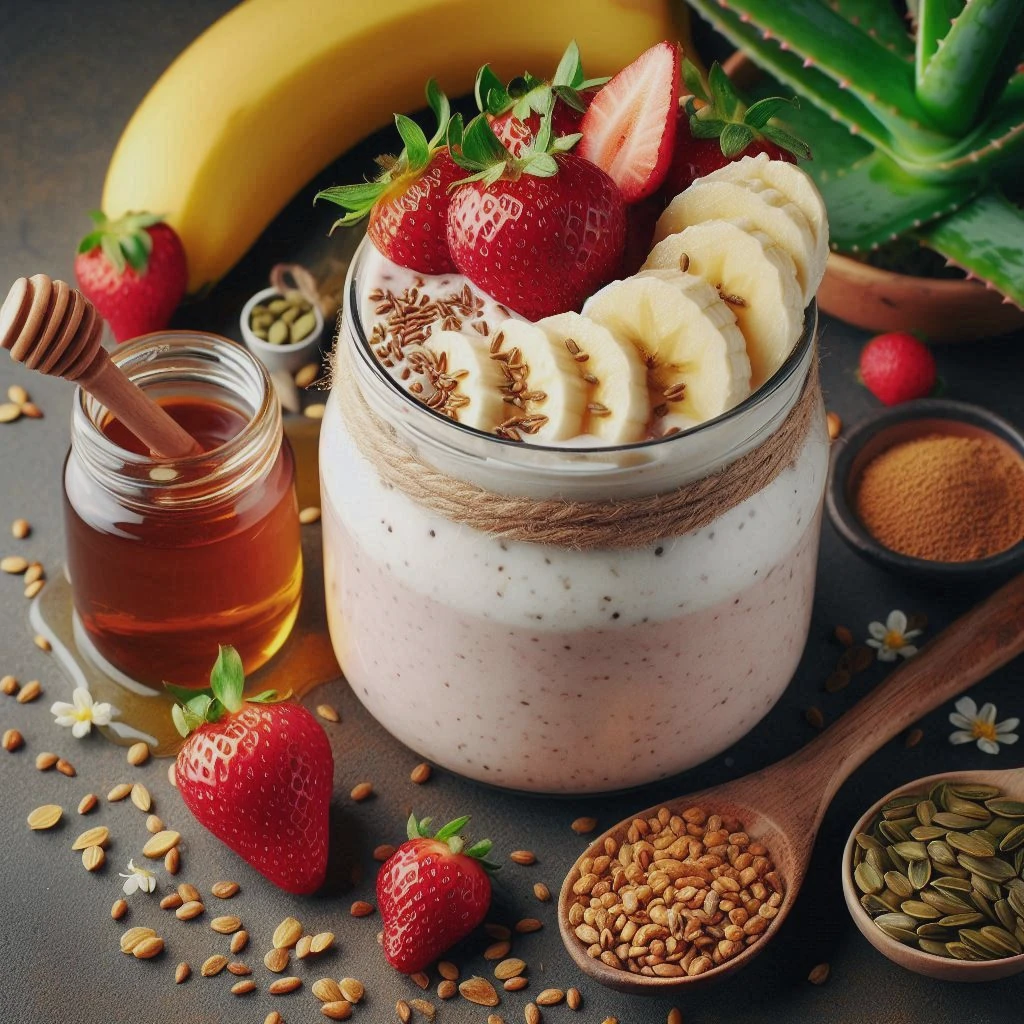 A vibrant high-lysine smoothie made with Greek yogurt, strawberries, and aloe vera juice, designed to help manage herpes outbreaks.