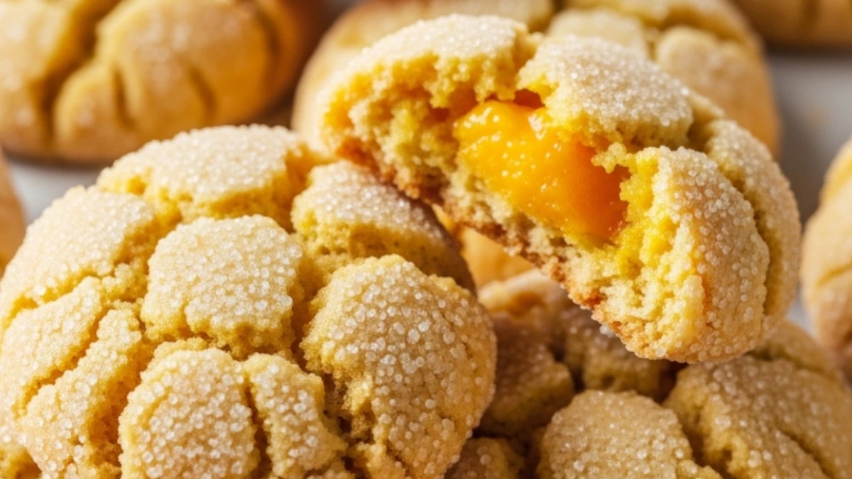 Ingredients for Vegan Mango Crinkle Cookies including mango puree, flour, sugar, and vegan butter.