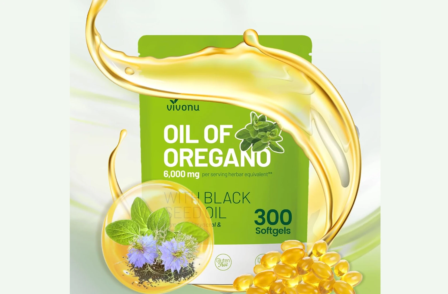 VivoNu Oil of Oregano Capsules bottle with oregano leaves.
